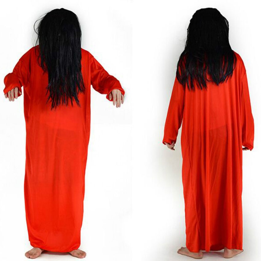 White Red Solid Plus Size Woman Gown Sadako Halloween Masquerade Scary Costumes With Wig Bride 6290